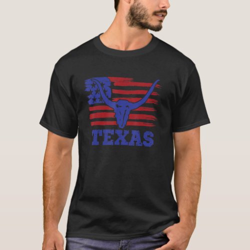 Texas State Flag Longhorn Silhouette Amrican Flag T_Shirt