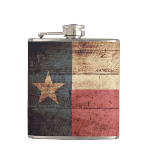 Texas State Flag on Old Wood Grain Flask