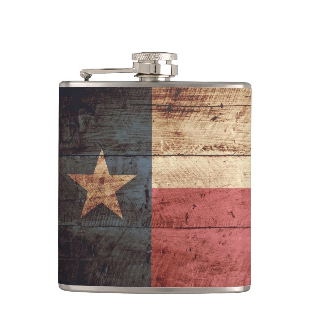 Texas State Flag on Old Wood Grain Flask (Front)