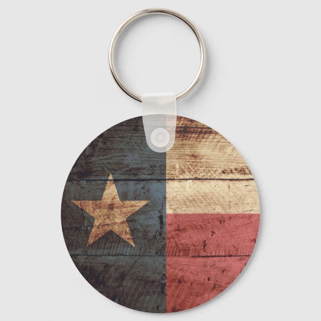 Texas State Flag on Old Wood Grain Keychain (Front)