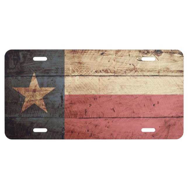 Texas State Flag on Old Wood Grain License Plate (Front)