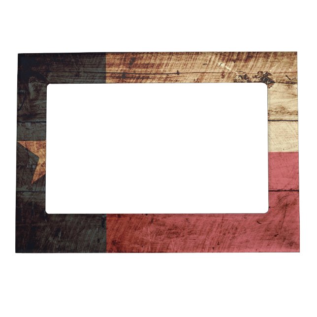 Texas State Flag on Old Wood Grain Magnetic Picture Frame (Front)
