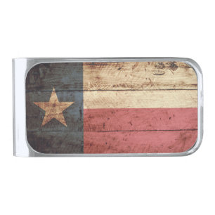 Texas State Flag on Old Wood Grain Silver Finish Money Clip
