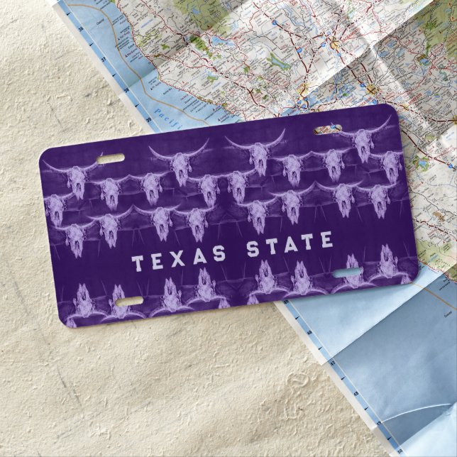 Texas State Girly Bright Purple Bull Skull License Plate (In Situ)