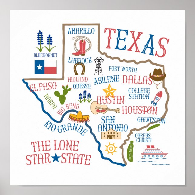 Texas State Landmarks Illustration Poster (Front)