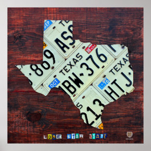 Texas State License Plate Map on Wood Boards Poster