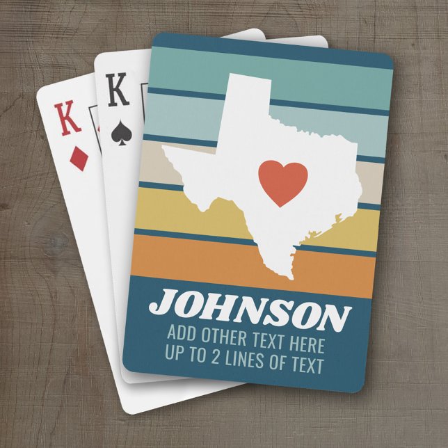 Texas State Map Art - Custom Name Wedding Reunion Poker Cards (Personalized Playing Cards with a State Map, Movable Heart and Name)