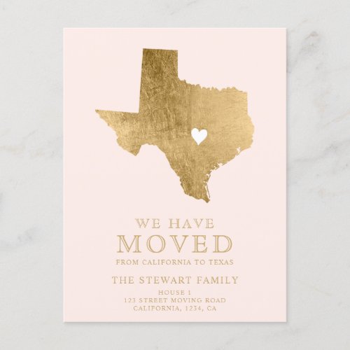 Texas state map blush pink gold home moving announcement postcard