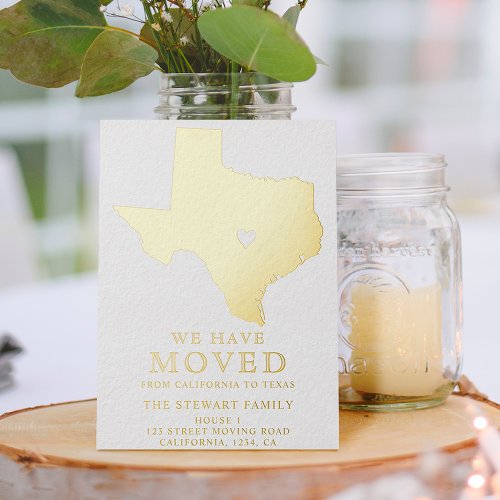 Texas state map heart home moving gold foil invitation postcard