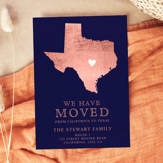 Texas state map navy blue rose gold home moving announcement postcard (Creator Uploaded)