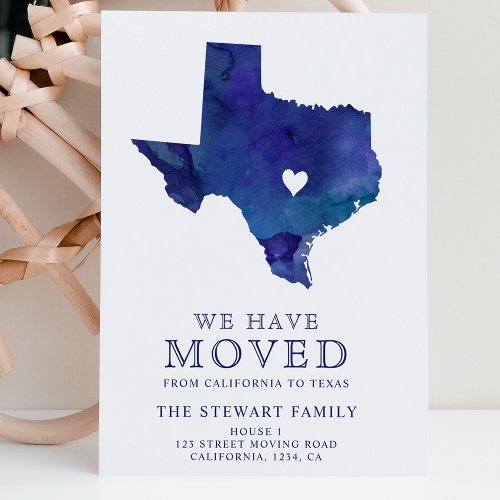 Texas state map navy blue watercolor home moving announcement postcard