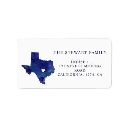 Texas state map navy blue watercolor moving label