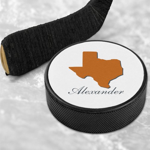 Texas State Map Orange  Grey Name Hockey Puck