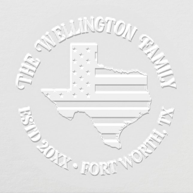 Texas State Map Stars Stripes Family Name Date Loc Embosser (Design)