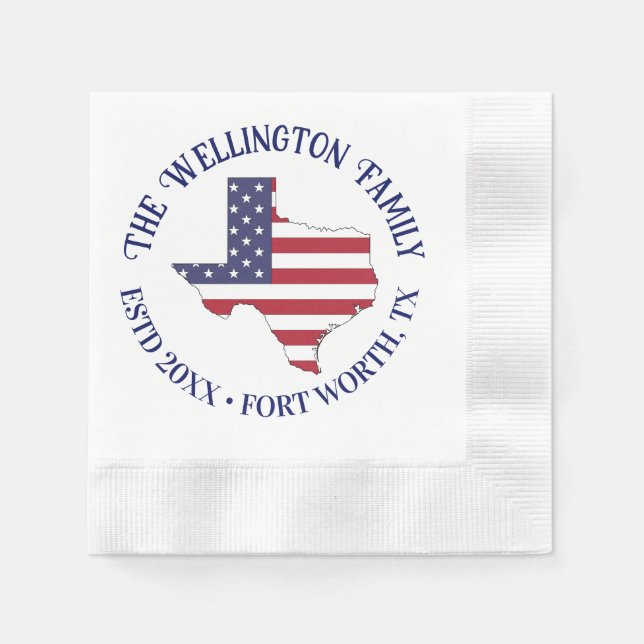 Texas State Map Stars Stripes Family Name Date Loc Napkins (Front)