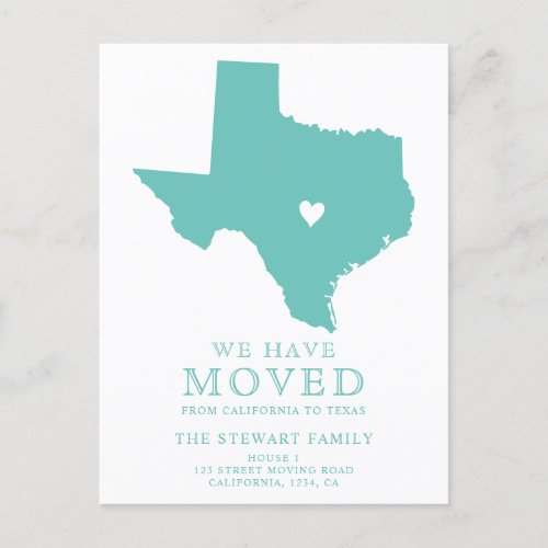 Texas state map teal green heart home moving announcement postcard