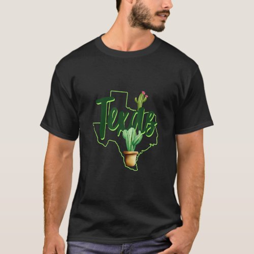 Texas State Map With Cactus Succulent Plant Tx Pri T_Shirt