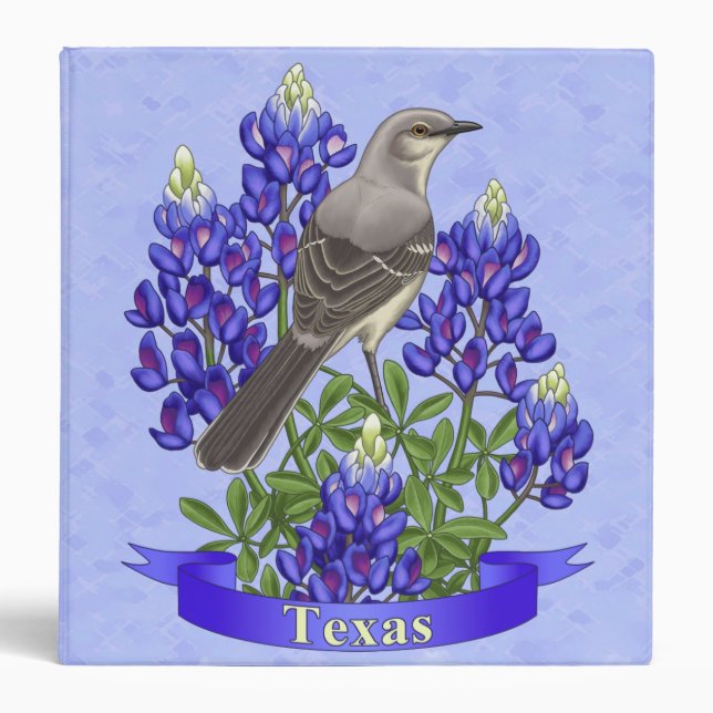 Texas State Mockingbird & Bluebonnet Flower 3 Ring Binder (Front)