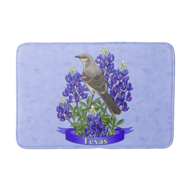 Texas State Mockingbird & Bluebonnet Flower Bath Mat (Front)