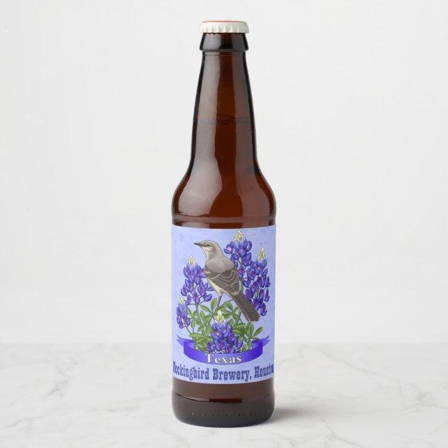 Texas State Mockingbird & Bluebonnet Flower Beer Bottle Label (Front)