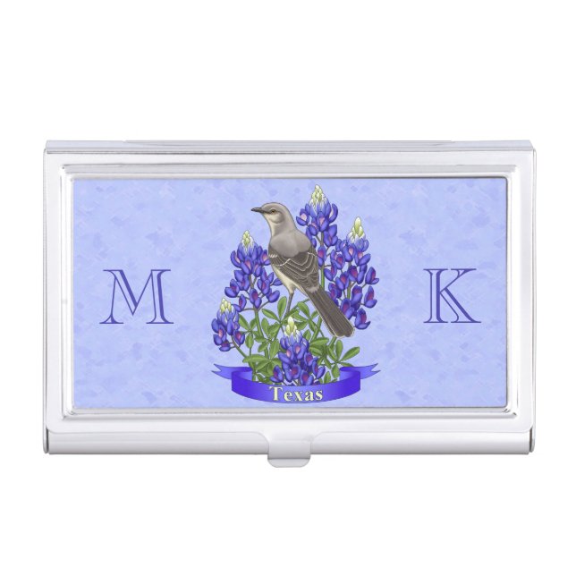 Texas State Mockingbird & Bluebonnet Flower Business Card Holder (Front)