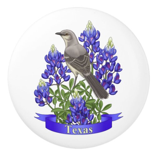 Texas State Mockingbird  Bluebonnet Flower Ceramic Knob