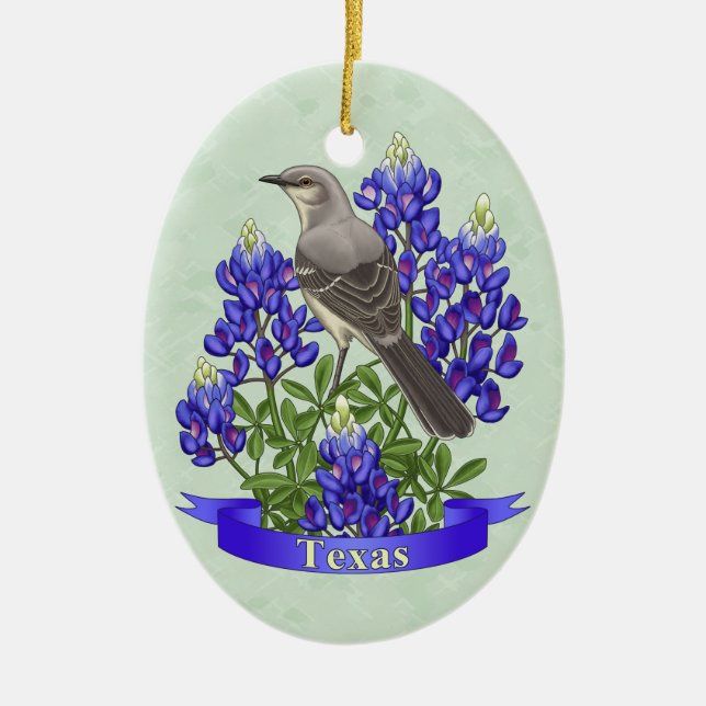 Texas State Mockingbird & Bluebonnet Flower Ceramic Ornament (Front)