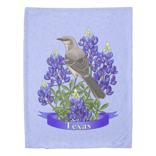 Texas State Mockingbird & Bluebonnet Flower Duvet Cover (Front)