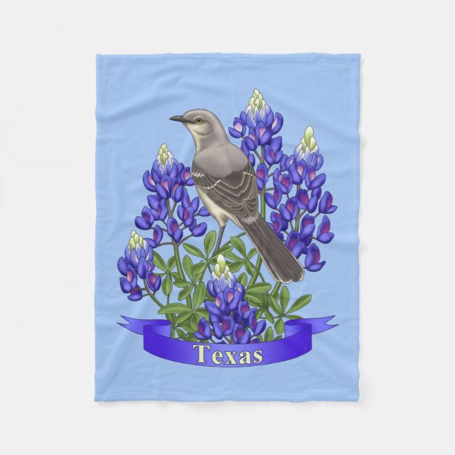 Texas State Mockingbird & Bluebonnet Flower Fleece Blanket (Front)
