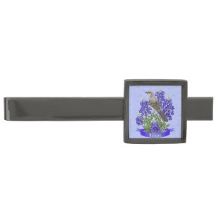 Texas State Mockingbird & Bluebonnet Flower Gunmetal Finish Tie Clip