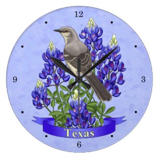 Texas State Mockingbird & Bluebonnet Flower Large Clock
