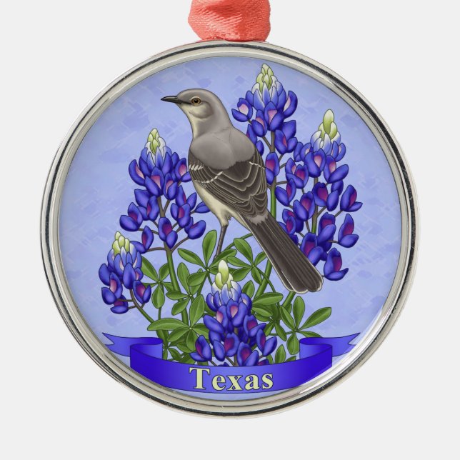 Texas State Mockingbird & Bluebonnet Flower Metal Ornament (Front)