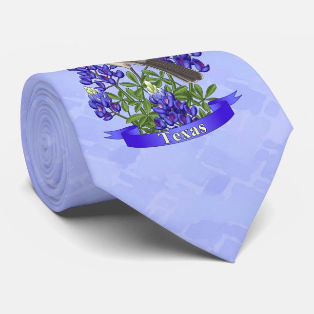 Texas State Mockingbird & Bluebonnet Flower Neck Tie (Rolled)