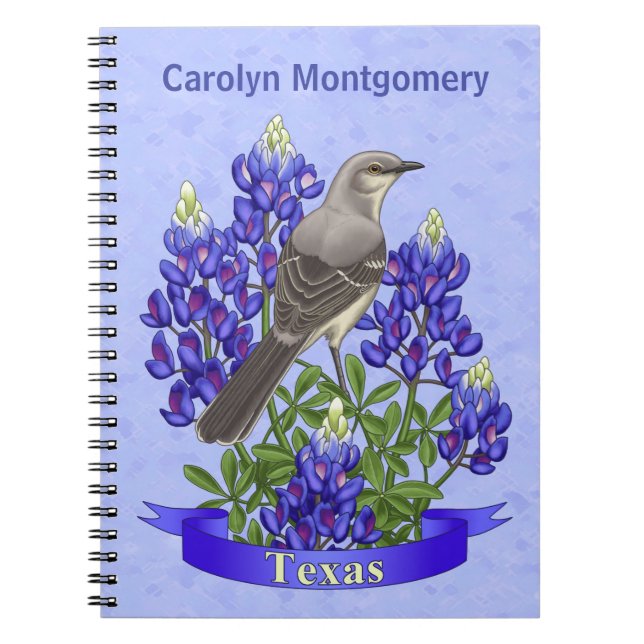 Texas State Mockingbird & Bluebonnet Flower Notebook (Front)