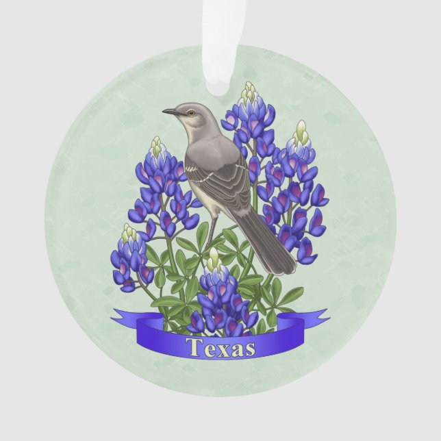 Texas State Mockingbird & Bluebonnet Flower Ornament (Front)