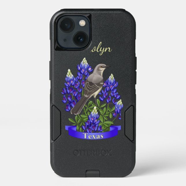 Texas State Mockingbird & Bluebonnet Flower Otterbox iPhone Case (Back)