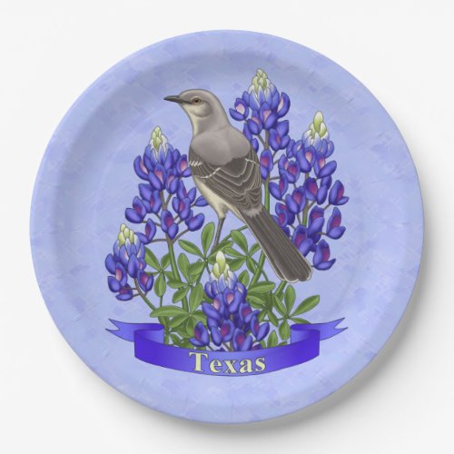 Texas State Mockingbird  Bluebonnet Flower Paper Plates