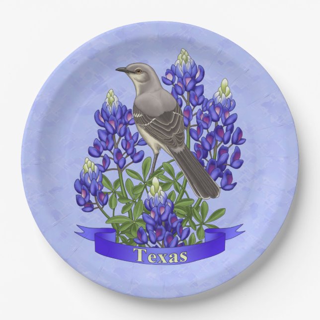 Texas State Mockingbird & Bluebonnet Flower Paper Plates (Front)