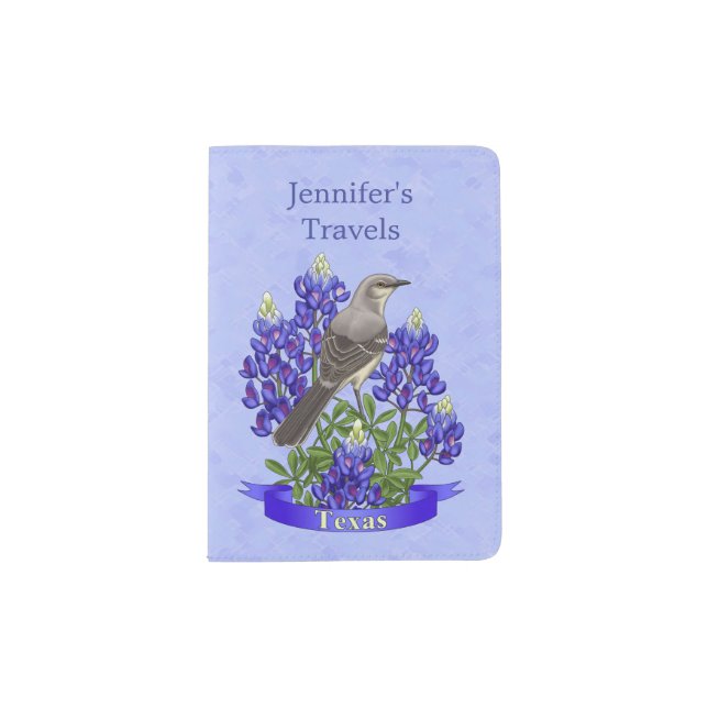 Texas State Mockingbird & Bluebonnet Flower Passport Holder (Front)