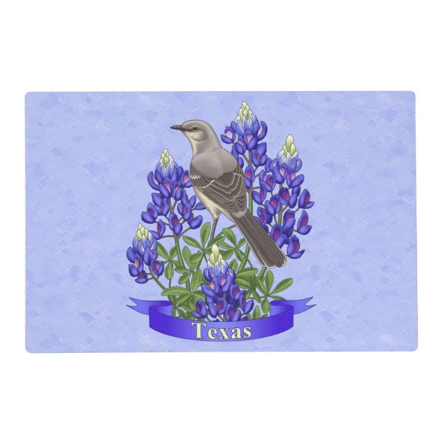 Texas State Mockingbird & Bluebonnet Flower Placemat (Front)
