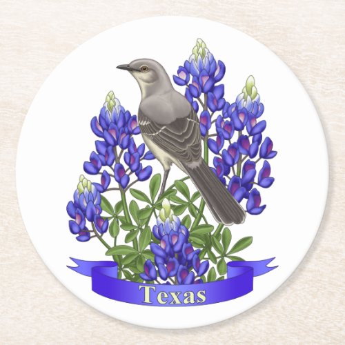 Texas State Mockingbird  Bluebonnet Flower Round Paper Coaster