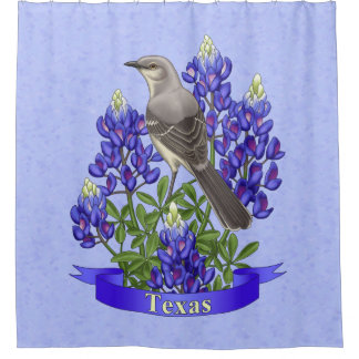 Texas State Mockingbird & Bluebonnet Flower Shower Curtain