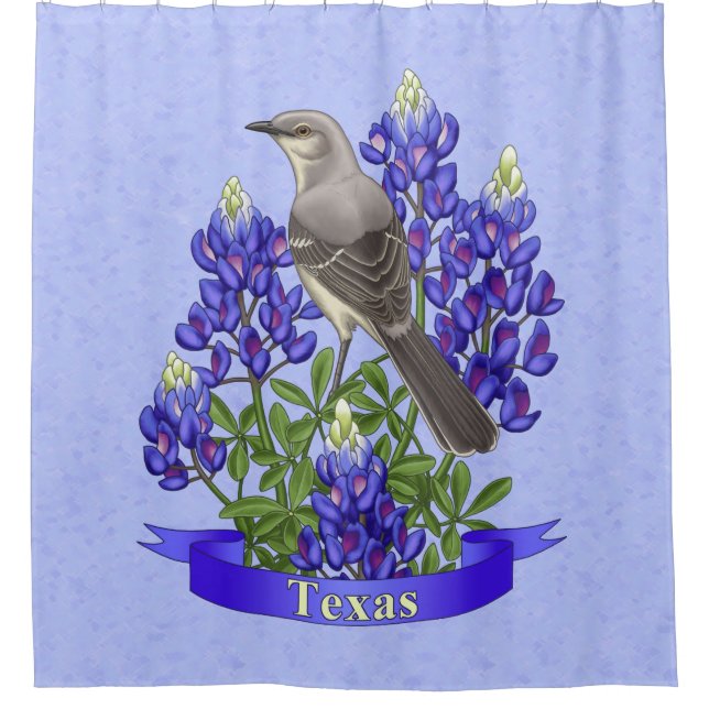 Texas State Mockingbird & Bluebonnet Flower Shower Curtain (Front)