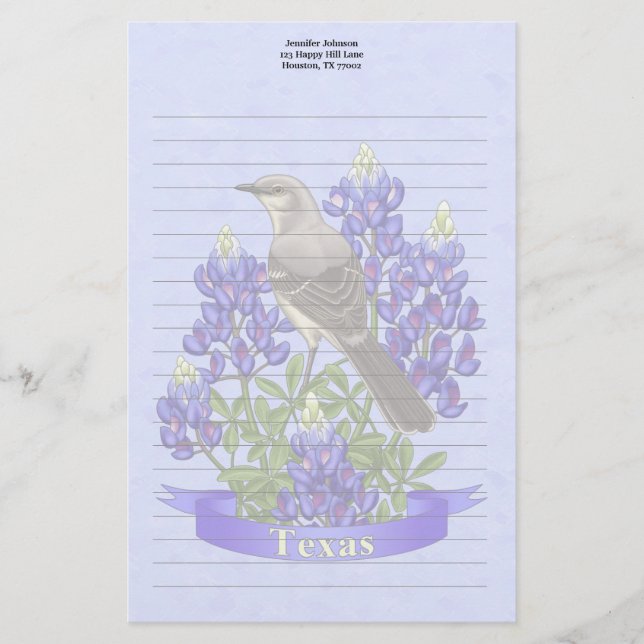 Texas State Mockingbird & Bluebonnet Flower Stationery (Front)