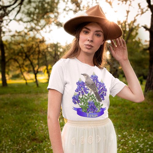 Texas State Mockingbird  Bluebonnet Flower T_Shirt