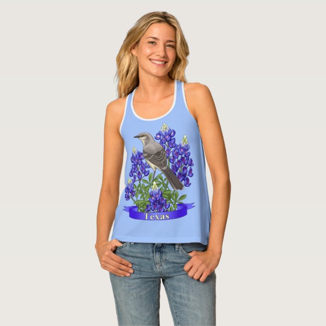 Texas State Mockingbird & Bluebonnet Flower Tank Top (Front Full)