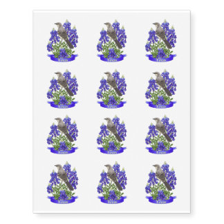Texas State Mockingbird & Bluebonnet Flower Temporary Tattoos