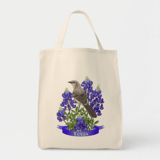 Texas State Mockingbird & Bluebonnet Flower Tote Bag