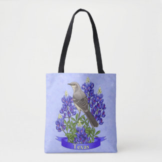 Texas State Mockingbird & Bluebonnet Flower Tote Bag