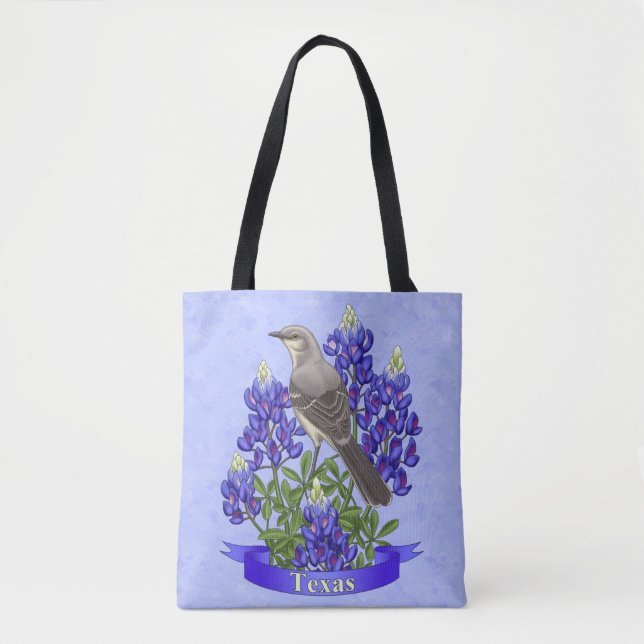 Texas State Mockingbird & Bluebonnet Flower Tote Bag (Front)